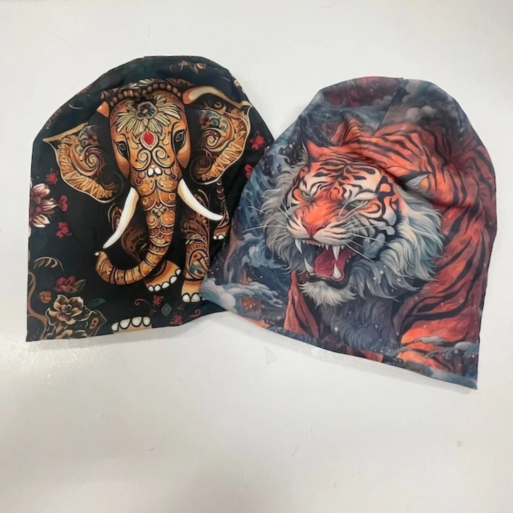 2 Boho Beanies Asian Elephant & Pouncing Tiger Winter Hat Soft & Warm One‎ Size